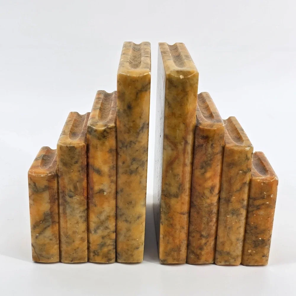 Vintage Italian Alabaster Bookends – Art Deco Style Brown Veined Stone Pair